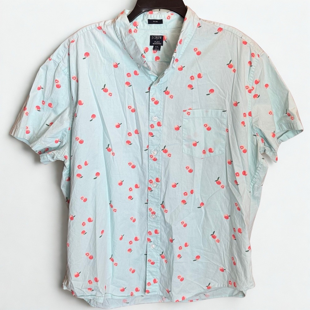 J.Crew Men's Shirt XXL Blue Cherry Print Slim Fit Short Sleeve Resort Preppy - Picture 1 of 9